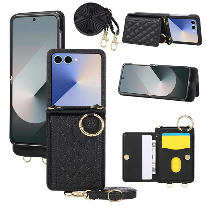 A-One Brand - Galaxy Z Flip 7 5G Mobilskal Korthållare Kickstand Rhombus - Svart