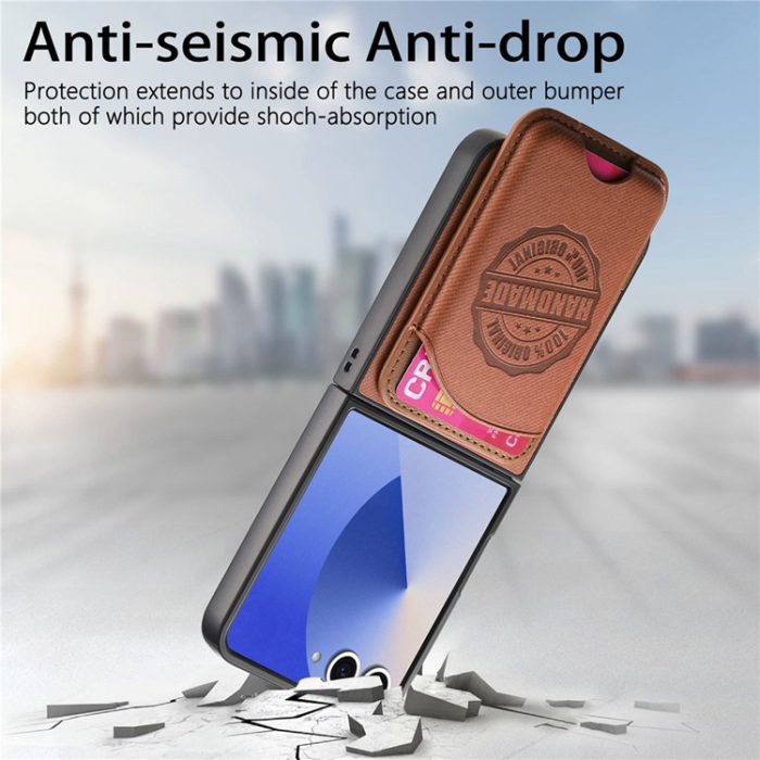 A-One Brand - Galaxy Z Flip 7 Mobilskal MagSafe Korthållare Denim Läder - Brun