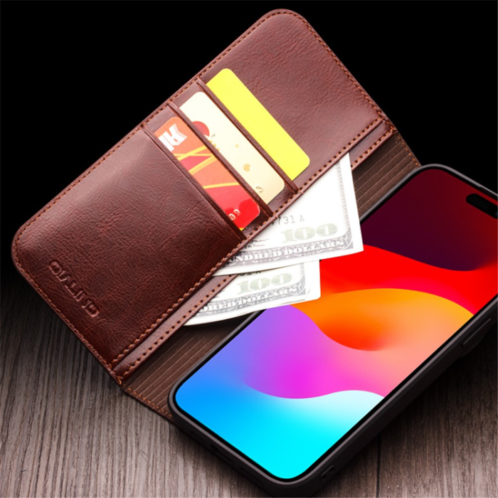 QIALINO - Qialino iPhone 15 Plånboksfodral Äkta Läder Cowhide - Brun