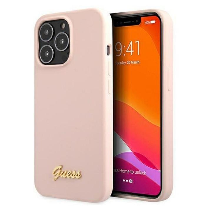 Guess - Guess iPhone 13 Pro Max Skal Magsafe Silicone Script Guld Logo - LjusRosa
