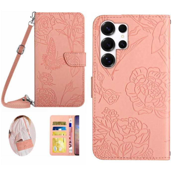 OEM - Mobilskal till Samsung Galaxy S26 Ultra KonstLäder Fjäril Blomtryck - Rosa
