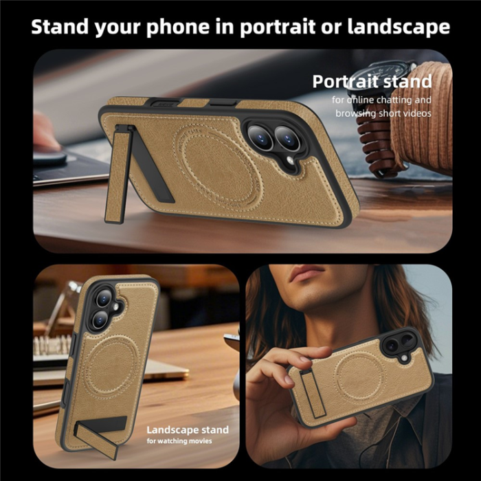 A-One Brand - iPhone 17 Mobilskal MagSafe Kickstand Läder - Ökenguld