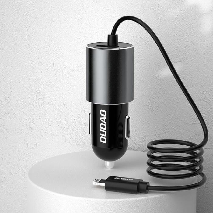 Dudao - Dudao USB Billaddare med built-in USB-C Kabel 3,4 A Svart