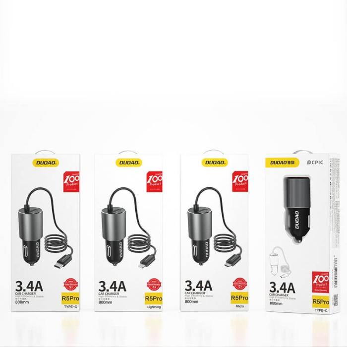 Dudao - Dudao USB Billaddare med built-in USB-C Kabel 3,4 A Svart
