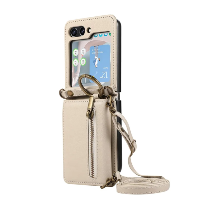 A-One Brand - Galaxy Z Flip7 Plånboksfodral Zipper Kickstand med Axelrem - Beige