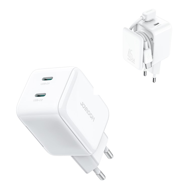 JOYROOM Snabbladdare 45W 2x USB-C Infällbar USB-C Kabel EU | 505295 | AlltMobil
