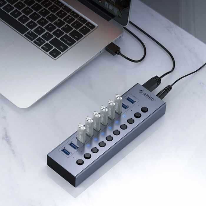 ORICO - Orico Hubb 10xUSB-A 3.0 med Strömbrytare - Grå
