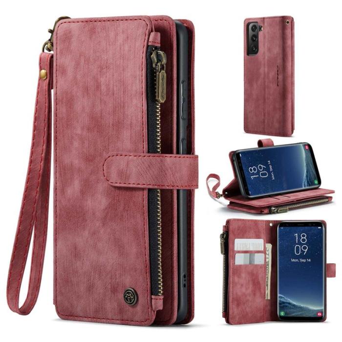 Caseme - CASEME Konstläder Plånboksfodral för Samsung Galaxy S22 5G Röd med Rem