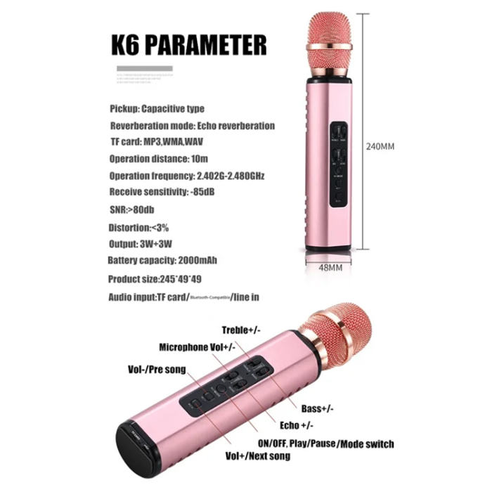 OEM - 2in1 Trådlös Mikrofon Bluetooth Högtalare Karaoke K6 - Silver