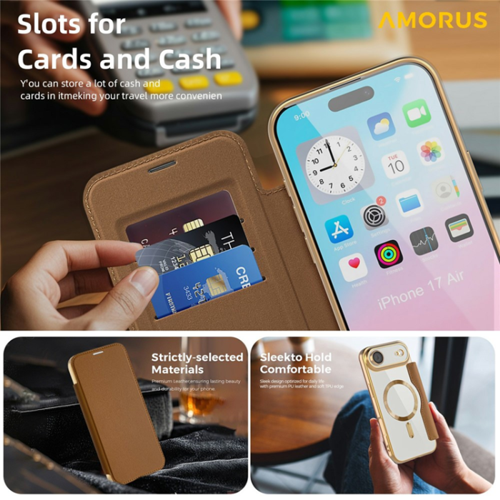 Amorus - AMORUS iPhone Air Plånboksfodral MagSafe RFID - Brun