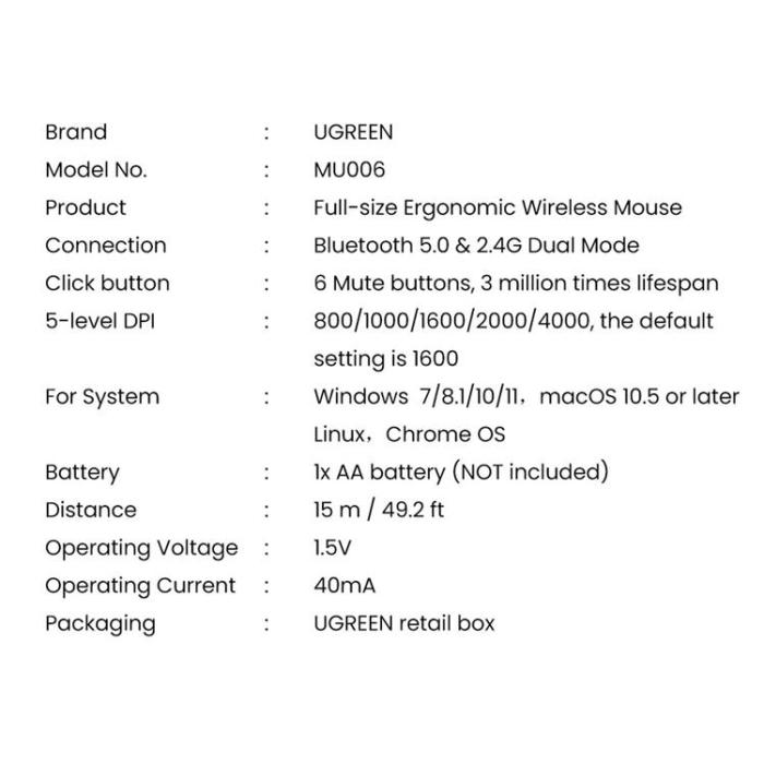 Ugreen - Ugreen Optisk Trådlös Mus USB 2.4GHz/Bluetooth 5.0 - Svart