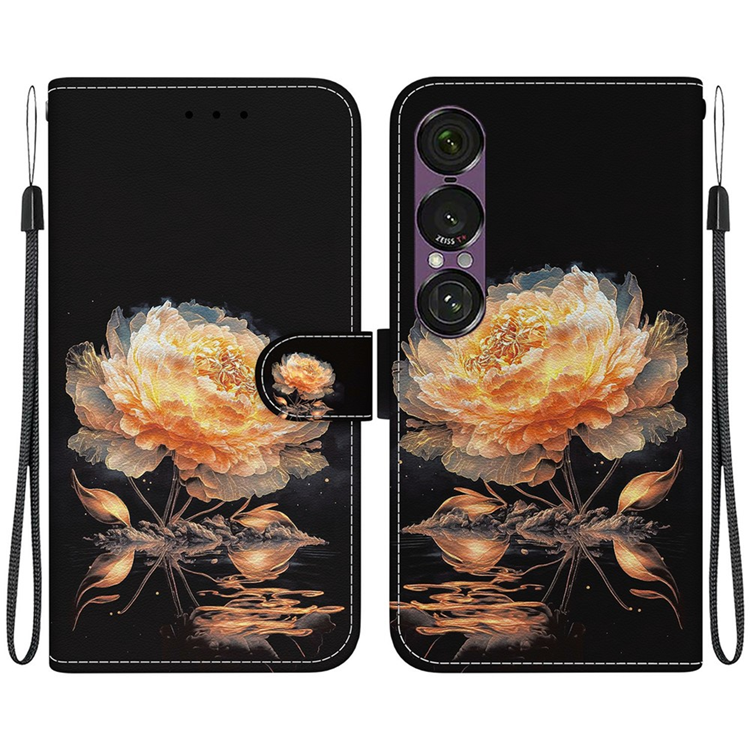Sony Xperia 1 VII Plånboksfodral Pattern Printing - Guld Peony | 2353 | AlltMobil