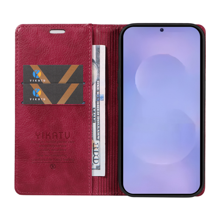 YIKATU - YIKATU Galaxy S26/S26 Pro Plånboksfodral Litchi Läder - Vinröd