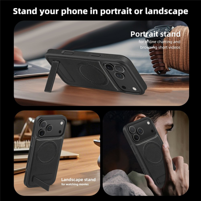 A-One Brand - iPhone 17 Pro Mobilskal MagSafe Kickstand Läder - Svart