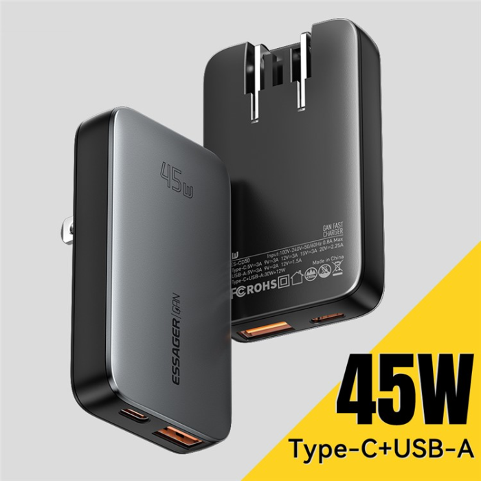 ESSAGER - ESSAGER GaN Snabbladdare 45W USB-C - USB-A ES-CD50 US - Svart