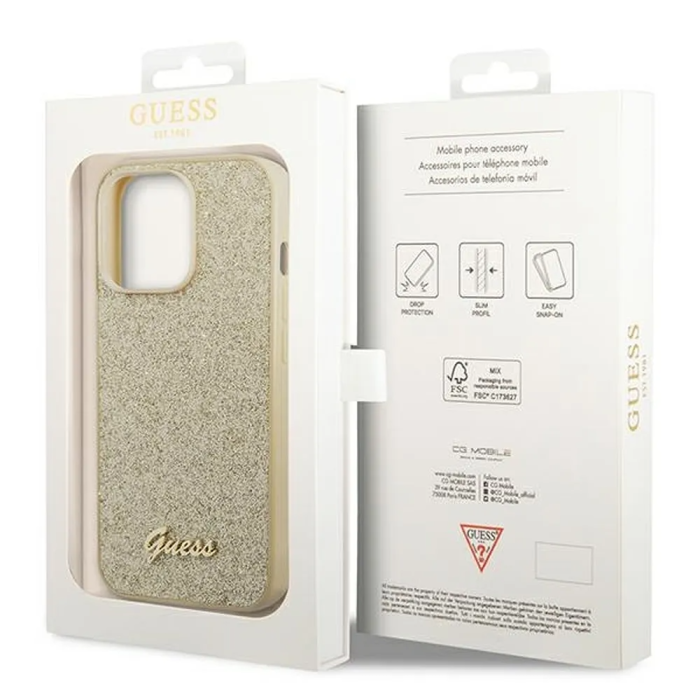 Guess - GUESS iPhone 14 Pro Skal Glitter Flakes Script Metal Logo - Guld