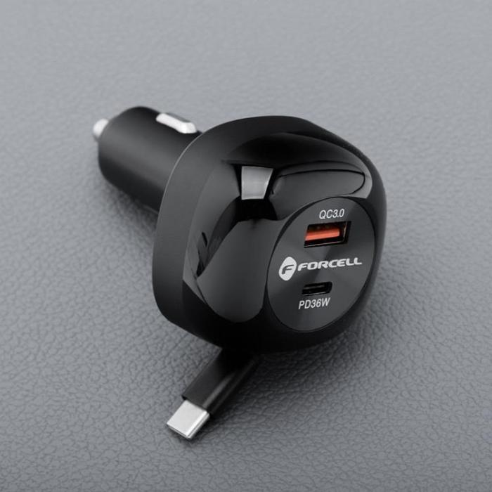 Forcell - Forcell Billaddare 75W USB-C - USB-A PD QC Retractable Kabel