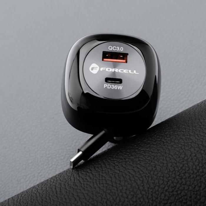 Forcell - Forcell Billaddare 75W USB-C - USB-A PD QC Retractable Kabel