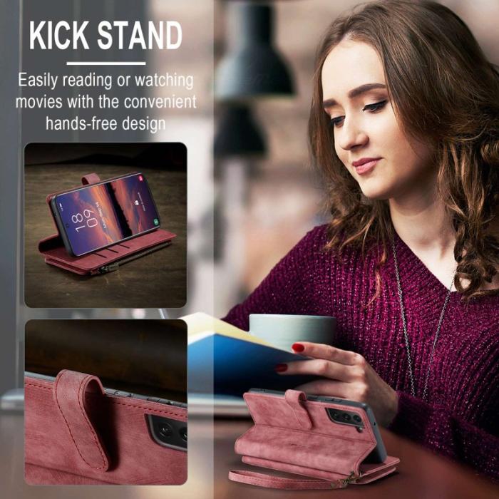 Caseme - CASEME Konstläder Plånboksfodral för Samsung Galaxy S22 5G Röd med Rem