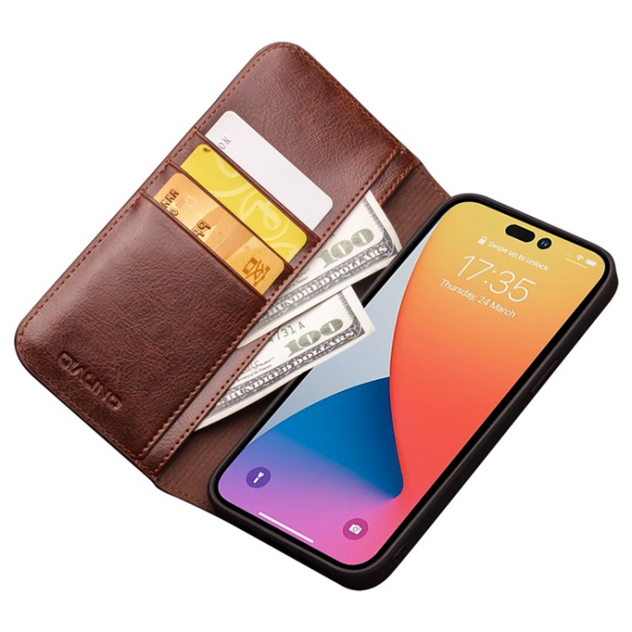 QIALINO - Qialino iPhone 14 Pro Plånboksfodral Äkta Läder Korthållare
