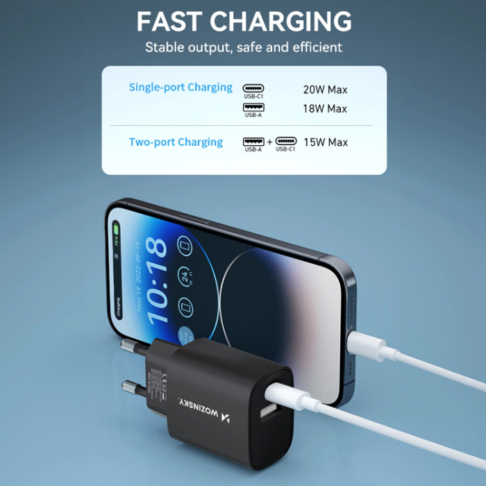 Wozinsky - Wozinsky USB-A USB-C 20W Väggladdare - Svart