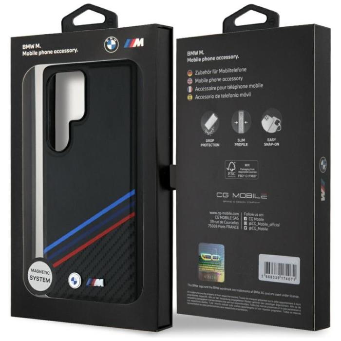 BMW - BMW Mobilskal till Galaxy S25 Ultra MagSafe Läder Tricolor Stripes Svart