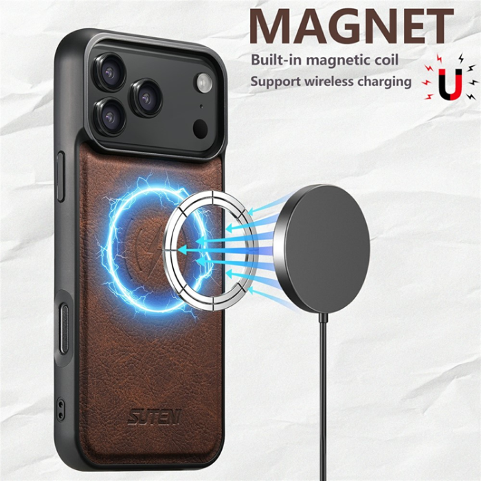 SUTENI - SUTENI iPhone 17 Pro Mobilskal MagSafe Litchi Texture - Brun
