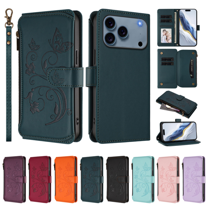 A-One Brand - iPhone 17 Pro Max Plånboksfodral Butterfly Floral Imprint - Grön
