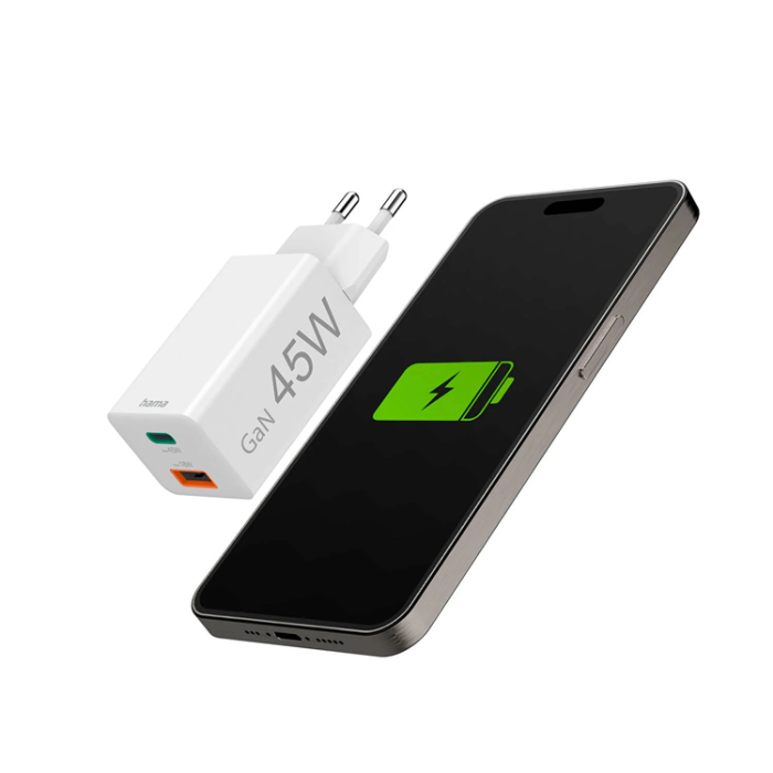 Hama - Hama Snabbladdare 45W 1xUSB-C 1xUSB-A GaN - Vit