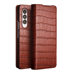 QIALINO - QIALINO Galaxy Z Fold 3 Fodral Äkta Läder Cowhide Crocodile - Brun