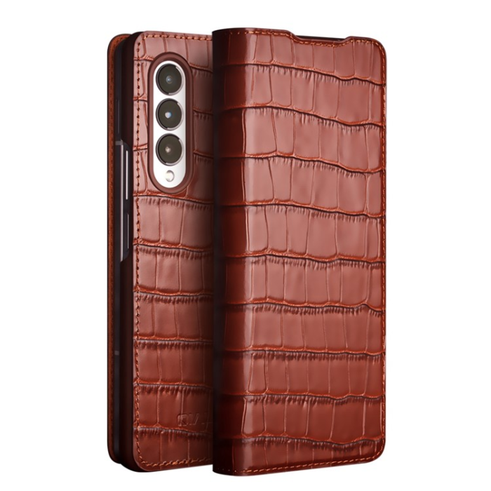 QIALINO - QIALINO Galaxy Z Fold 3 Fodral Äkta Läder Cowhide Crocodile - Brun