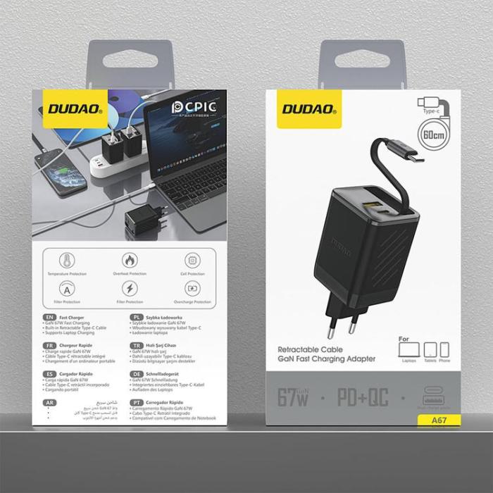 Dudao - Dudao Snabbladdare 67W USB-C GaN med Inbyggd Utdragbar A67EU - Svart