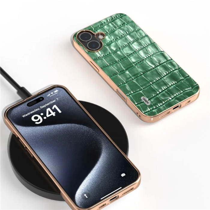 ABEEL - ABEEL iPhone 16 Plus Mobilskal Äkta läder Crocodile - Grön