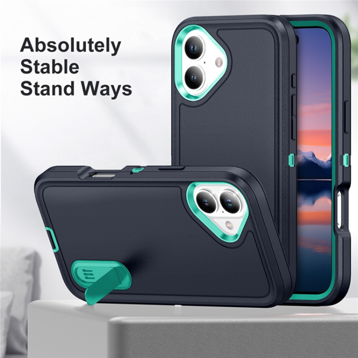 A-One Brand - iPhone 17 Mobilskal Kickstand Silikon - Mörkblå/ljusgrön