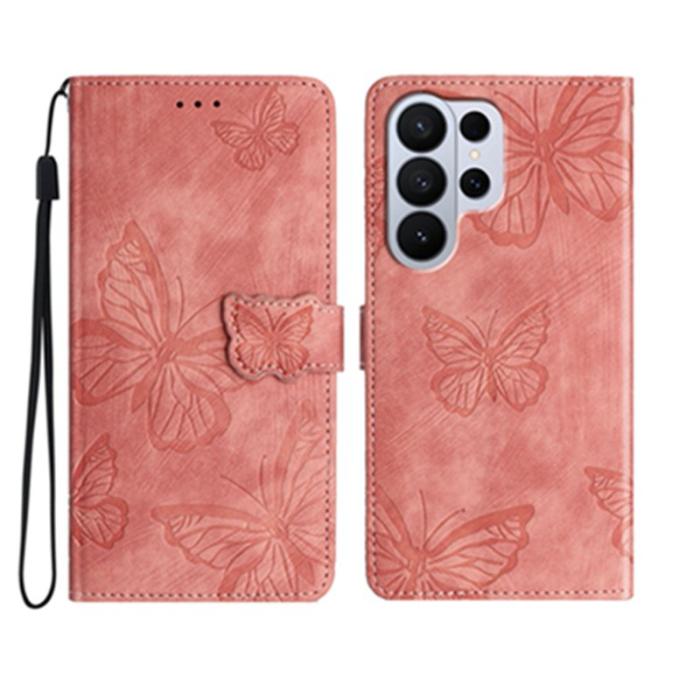 OEM - Samsung Galaxy S26 Ultra Plånboksfodral Flip Konstläder Fjäril - Rosa