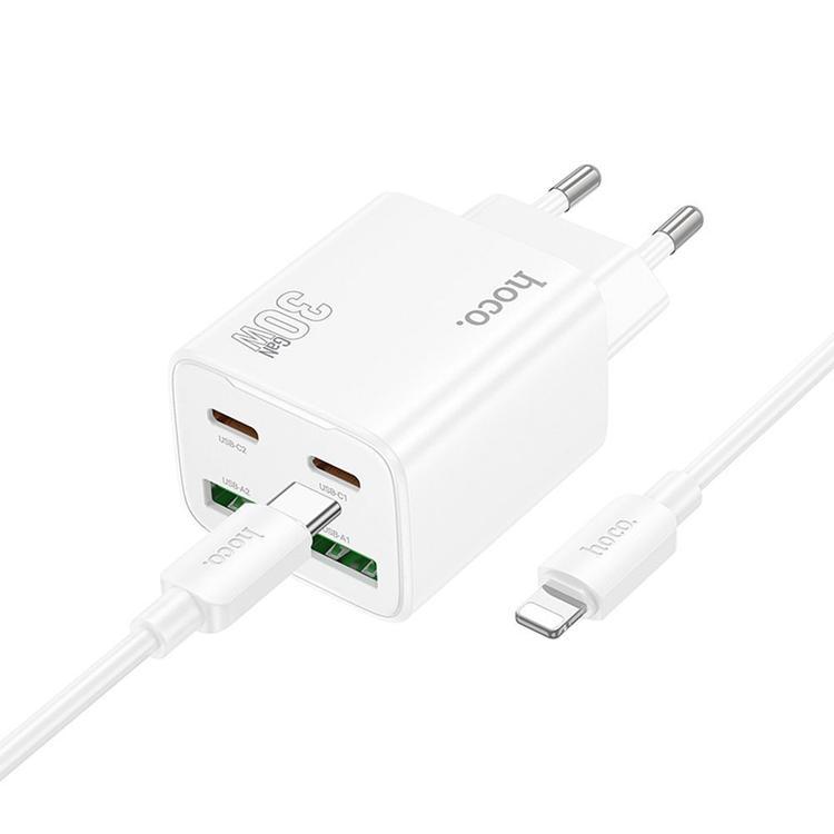 Hoco Snabbladdare PD 30W 2xUSB-A 2xUSB-C QC3.0 3A med Lightning Kabel N56 - Vit | 505295 | AlltMobil