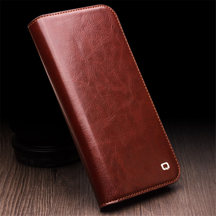 QIALINO - Qialino iPhone 15 Plånboksfodral Äkta Läder Cowhide - Brun