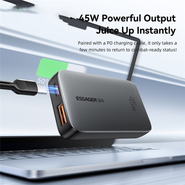 ESSAGER - ESSAGER GaN Snabbladdare 45W USB-C - USB-A ES-CD50 US - Svart