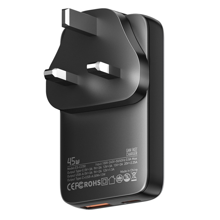 ESSAGER GaN Snabbladdare 45W USB-C - USB-A ES-CD50 UK - Svart | 505295 | AlltMobil