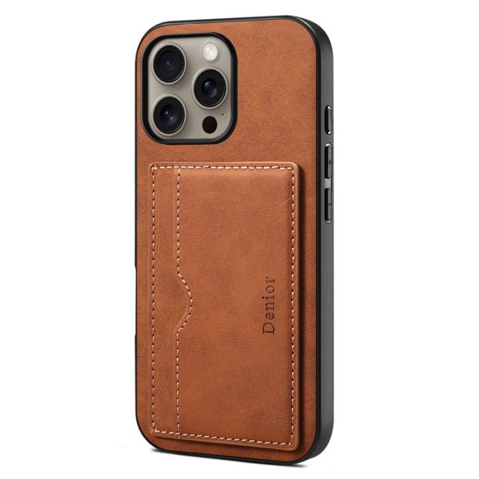 DENIOR - DENIOR iPhone 16 Pro Fodral Kortfack Ställ Retro Konstläder Brun