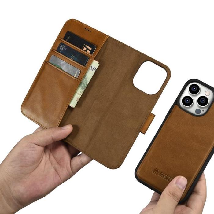 Dux Ducis - iCarer iPhone 14 Pro Max Plånboksfodral Äkta Läder 2in1 Anti-RFID - Brun