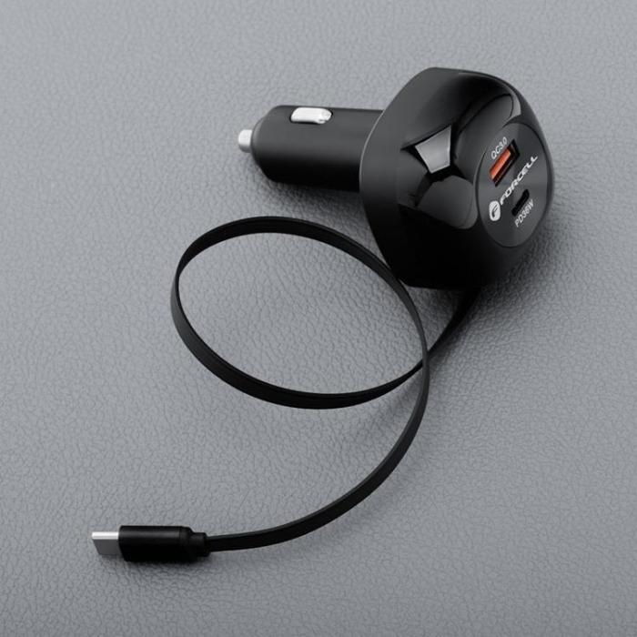 Forcell - Forcell Billaddare 75W USB-C - USB-A PD QC Retractable Kabel