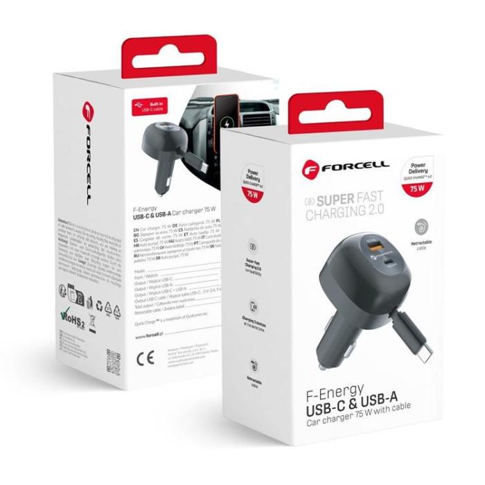 Forcell - Forcell Billaddare 75W USB-C - USB-A PD QC Retractable Kabel