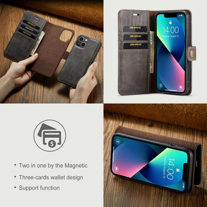 DG.MING - DG.MING iPhone 14 Plånboksfodral Detachable Magnetiskt Äkta läder Grå