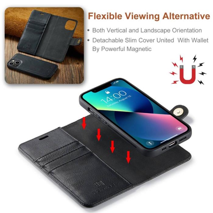 DG.MING - DG.MING iPhone 14 Plånboksfodral Detachable Magnetiskt Äkta läder Svart