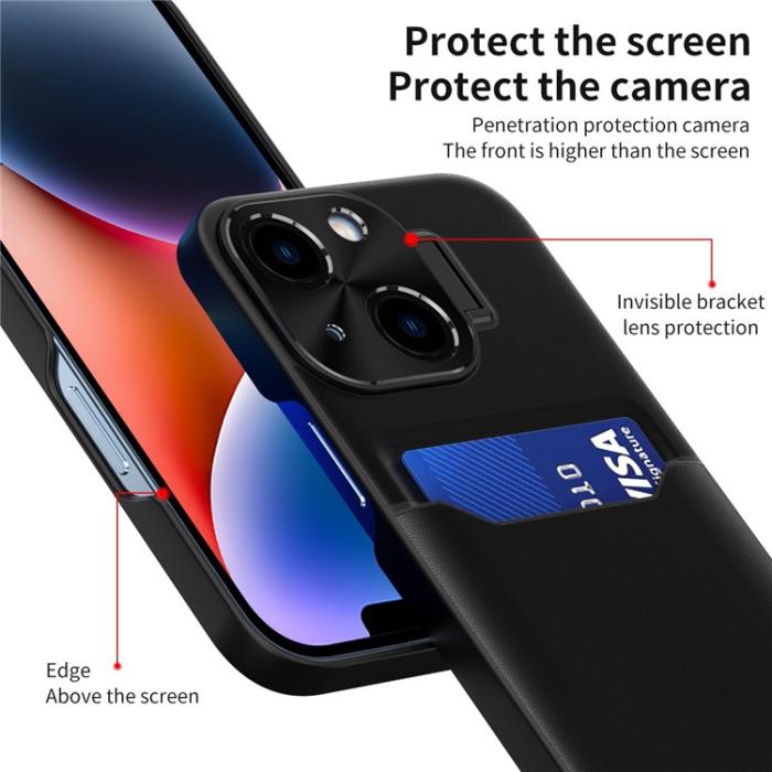 A-One Brand - iPhone 14 Skal Korthållare Linsram Kickstand - Svart
