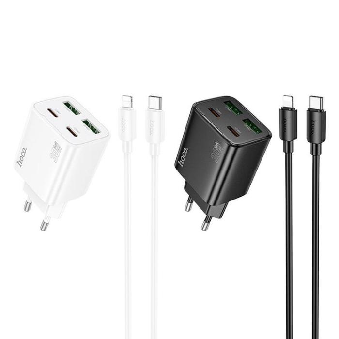 Hoco - Hoco Snabbladdare PD 30W 2xUSB-A 2xUSB-C QC3.0 3A med Lightning Kabel N56 - Vit