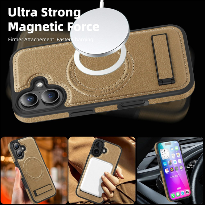 A-One Brand - iPhone 17 Mobilskal MagSafe Kickstand Läder - Ökenguld