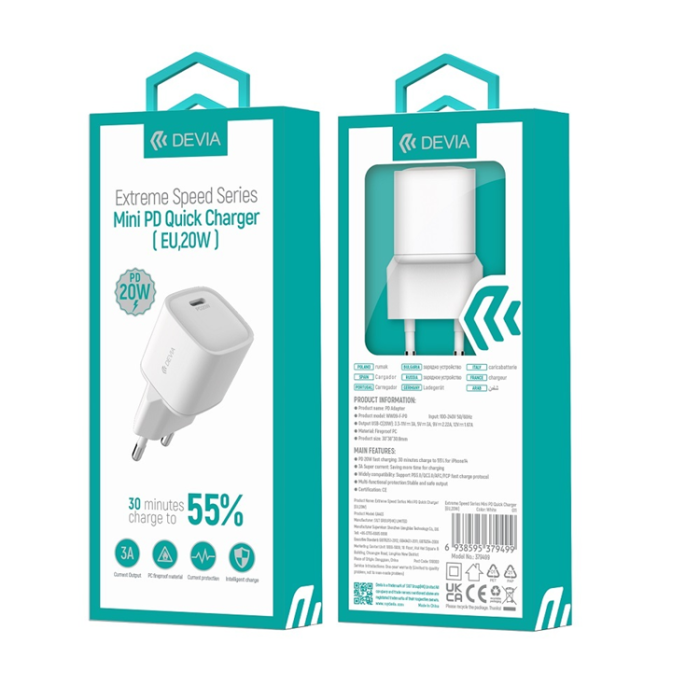 Devia - Devia Väggladdare 20W USB-C Smart Mini PD - Vit