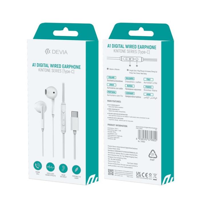 Devia - Devia In-Ear Trådbundna Hörlurar USB-C Kintone A1 Digital EM105 - Vit
